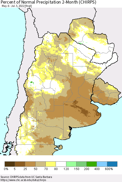 Southern South America Percent of Normal Precipitation 2-Month (CHIRPS) Thematic Map For 5/6/2022 - 7/5/2022