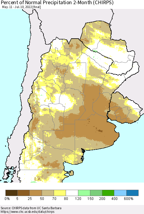 Southern South America Percent of Normal Precipitation 2-Month (CHIRPS) Thematic Map For 5/11/2022 - 7/10/2022