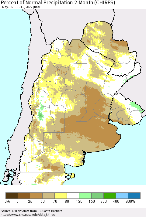 Southern South America Percent of Normal Precipitation 2-Month (CHIRPS) Thematic Map For 5/16/2022 - 7/15/2022