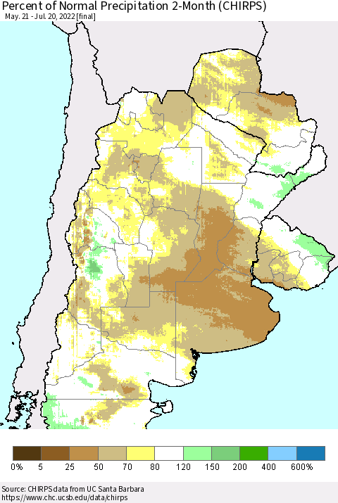 Southern South America Percent of Normal Precipitation 2-Month (CHIRPS) Thematic Map For 5/21/2022 - 7/20/2022