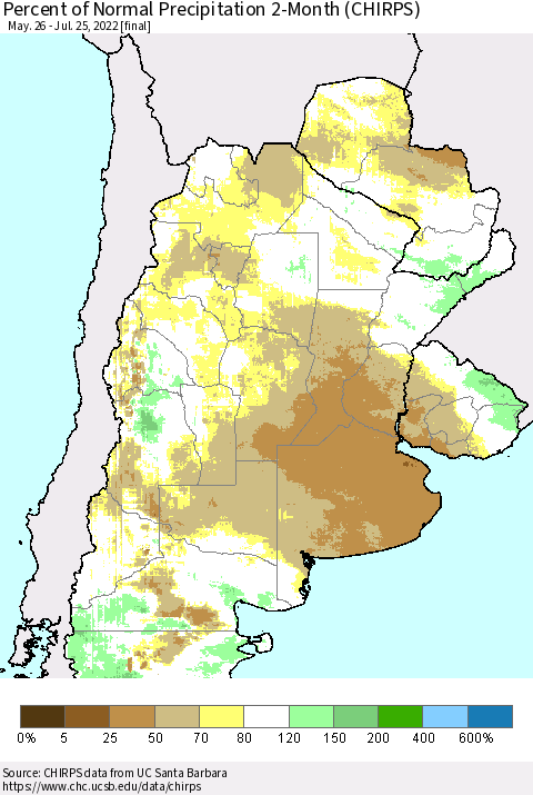 Southern South America Percent of Normal Precipitation 2-Month (CHIRPS) Thematic Map For 5/26/2022 - 7/25/2022