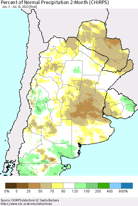 Southern South America Percent of Normal Precipitation 2-Month (CHIRPS) Thematic Map For 6/1/2022 - 7/31/2022