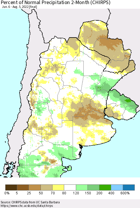 Southern South America Percent of Normal Precipitation 2-Month (CHIRPS) Thematic Map For 6/6/2022 - 8/5/2022