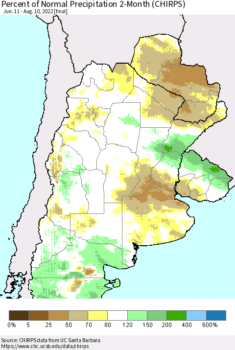 Southern South America Percent of Normal Precipitation 2-Month (CHIRPS) Thematic Map For 6/11/2022 - 8/10/2022