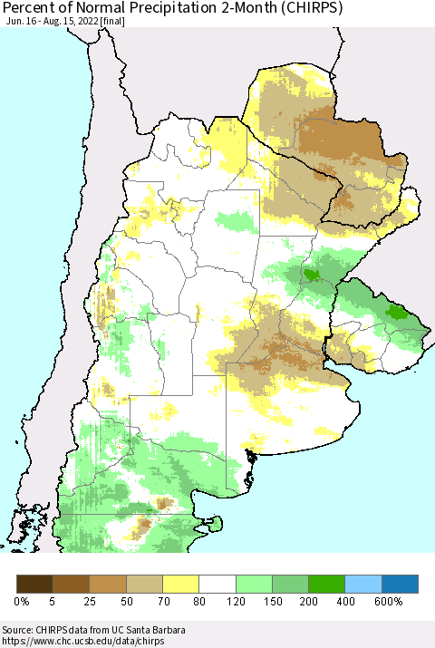Southern South America Percent of Normal Precipitation 2-Month (CHIRPS) Thematic Map For 6/16/2022 - 8/15/2022