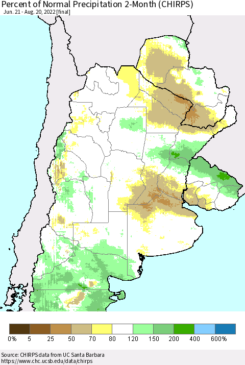 Southern South America Percent of Normal Precipitation 2-Month (CHIRPS) Thematic Map For 6/21/2022 - 8/20/2022