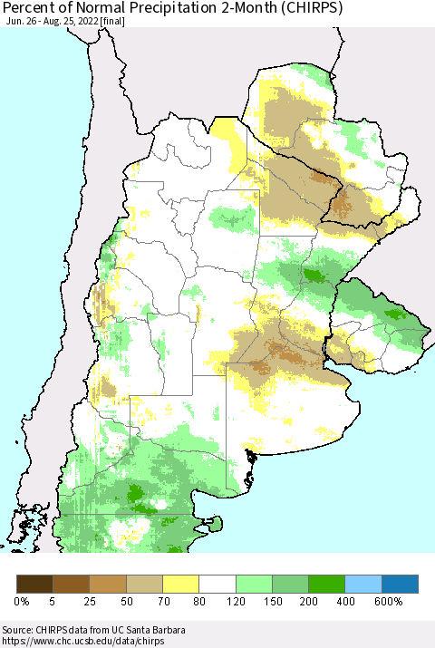 Southern South America Percent of Normal Precipitation 2-Month (CHIRPS) Thematic Map For 6/26/2022 - 8/25/2022