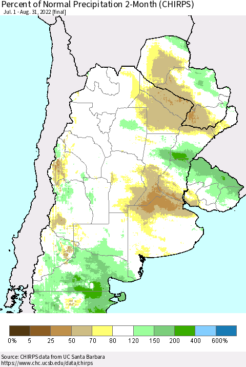 Southern South America Percent of Normal Precipitation 2-Month (CHIRPS) Thematic Map For 7/1/2022 - 8/31/2022