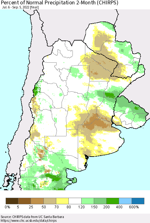Southern South America Percent of Normal Precipitation 2-Month (CHIRPS) Thematic Map For 7/6/2022 - 9/5/2022