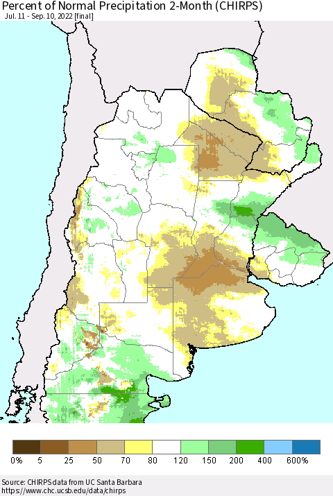 Southern South America Percent of Normal Precipitation 2-Month (CHIRPS) Thematic Map For 7/11/2022 - 9/10/2022