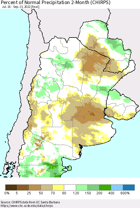 Southern South America Percent of Normal Precipitation 2-Month (CHIRPS) Thematic Map For 7/16/2022 - 9/15/2022