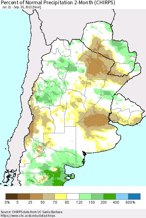 Southern South America Percent of Normal Precipitation 2-Month (CHIRPS) Thematic Map For 7/21/2022 - 9/20/2022