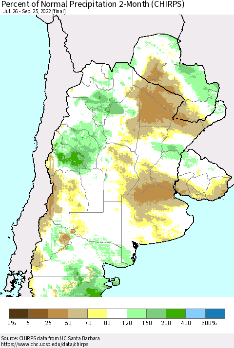 Southern South America Percent of Normal Precipitation 2-Month (CHIRPS) Thematic Map For 7/26/2022 - 9/25/2022