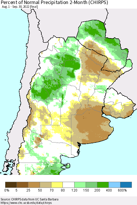 Southern South America Percent of Normal Precipitation 2-Month (CHIRPS) Thematic Map For 8/1/2022 - 9/30/2022