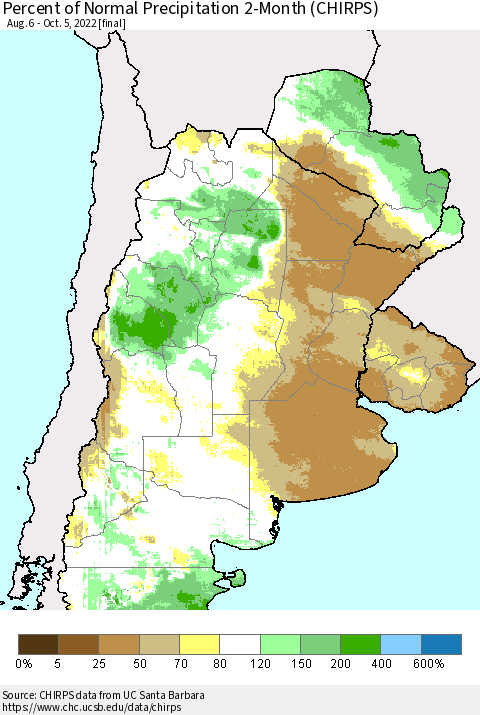 Southern South America Percent of Normal Precipitation 2-Month (CHIRPS) Thematic Map For 8/6/2022 - 10/5/2022