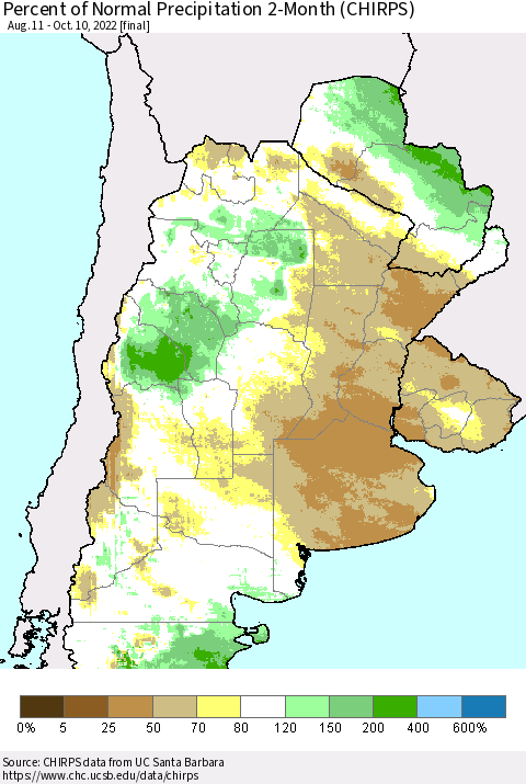 Southern South America Percent of Normal Precipitation 2-Month (CHIRPS) Thematic Map For 8/11/2022 - 10/10/2022