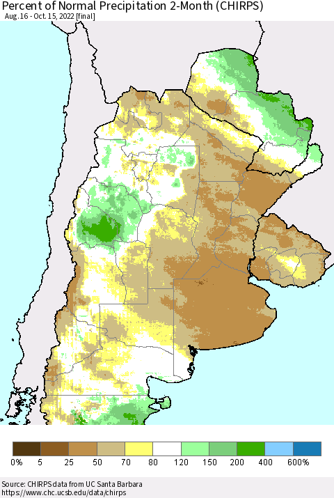 Southern South America Percent of Normal Precipitation 2-Month (CHIRPS) Thematic Map For 8/16/2022 - 10/15/2022