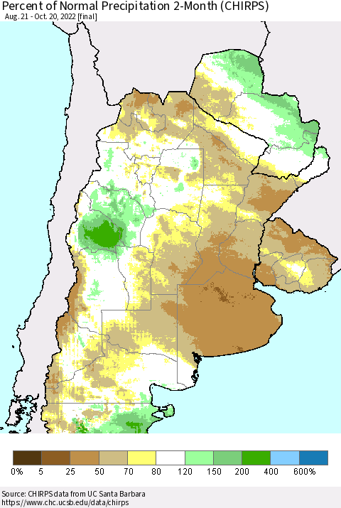 Southern South America Percent of Normal Precipitation 2-Month (CHIRPS) Thematic Map For 8/21/2022 - 10/20/2022