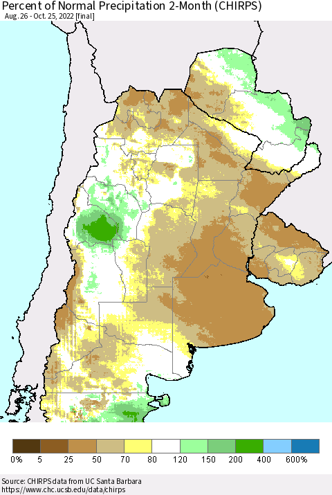 Southern South America Percent of Normal Precipitation 2-Month (CHIRPS) Thematic Map For 8/26/2022 - 10/25/2022