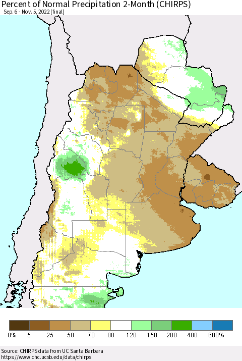 Southern South America Percent of Normal Precipitation 2-Month (CHIRPS) Thematic Map For 9/6/2022 - 11/5/2022