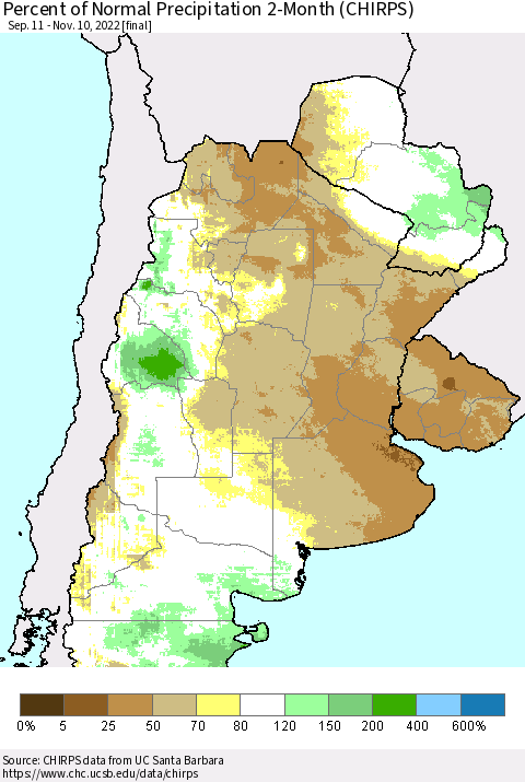 Southern South America Percent of Normal Precipitation 2-Month (CHIRPS) Thematic Map For 9/11/2022 - 11/10/2022