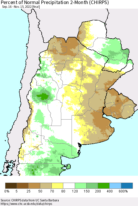 Southern South America Percent of Normal Precipitation 2-Month (CHIRPS) Thematic Map For 9/16/2022 - 11/15/2022