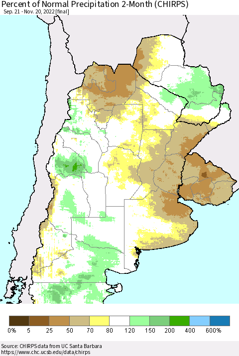 Southern South America Percent of Normal Precipitation 2-Month (CHIRPS) Thematic Map For 9/21/2022 - 11/20/2022