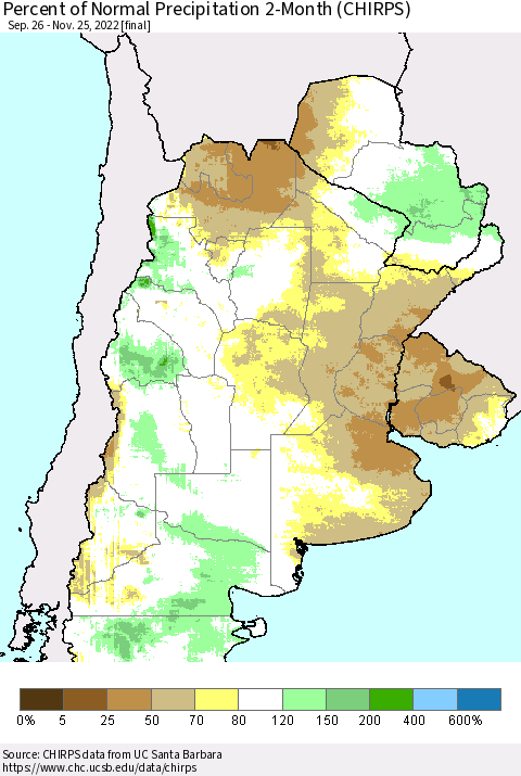 Southern South America Percent of Normal Precipitation 2-Month (CHIRPS) Thematic Map For 9/26/2022 - 11/25/2022