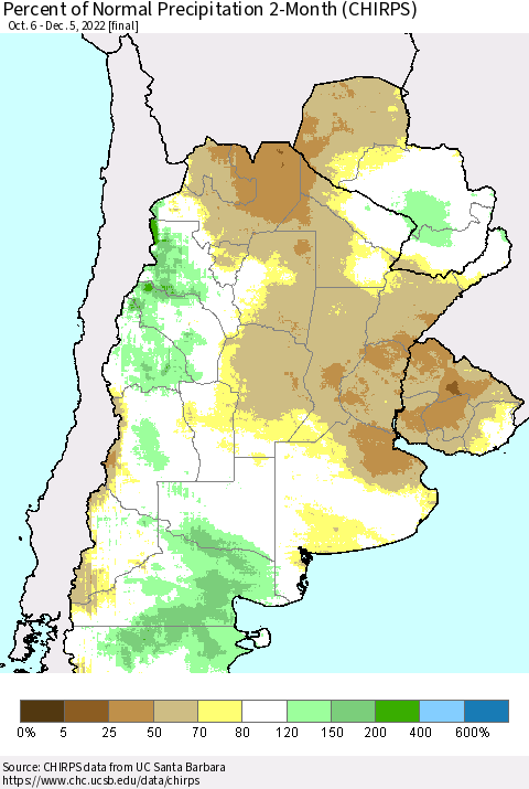 Southern South America Percent of Normal Precipitation 2-Month (CHIRPS) Thematic Map For 10/6/2022 - 12/5/2022
