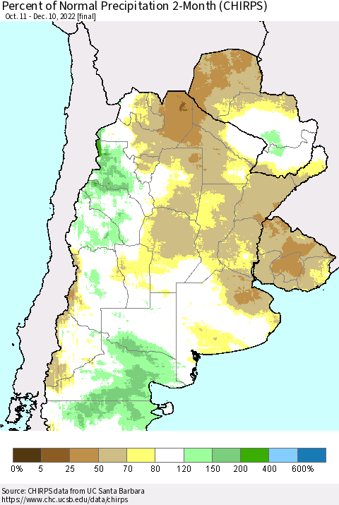 Southern South America Percent of Normal Precipitation 2-Month (CHIRPS) Thematic Map For 10/11/2022 - 12/10/2022