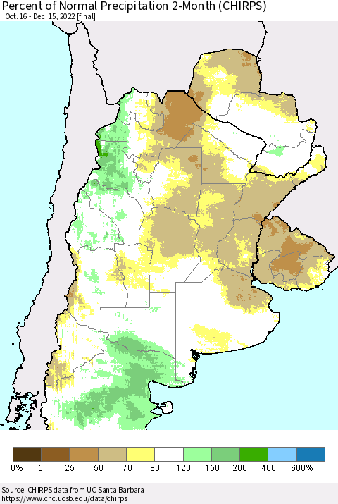 Southern South America Percent of Normal Precipitation 2-Month (CHIRPS) Thematic Map For 10/16/2022 - 12/15/2022