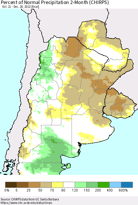 Southern South America Percent of Normal Precipitation 2-Month (CHIRPS) Thematic Map For 10/21/2022 - 12/20/2022