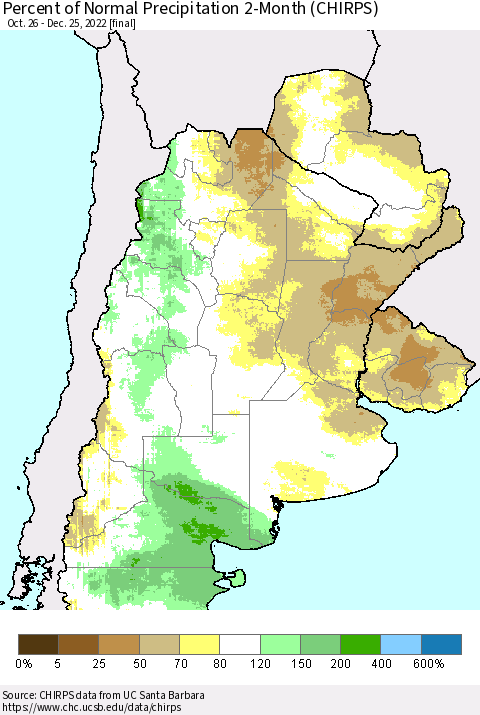 Southern South America Percent of Normal Precipitation 2-Month (CHIRPS) Thematic Map For 10/26/2022 - 12/25/2022