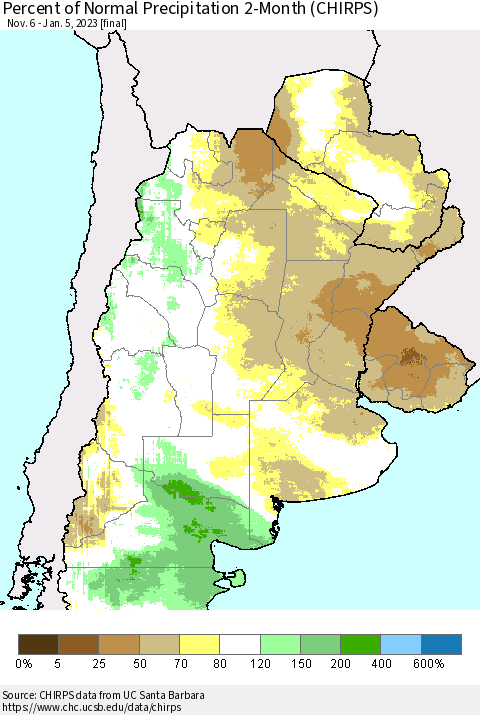 Southern South America Percent of Normal Precipitation 2-Month (CHIRPS) Thematic Map For 11/6/2022 - 1/5/2023