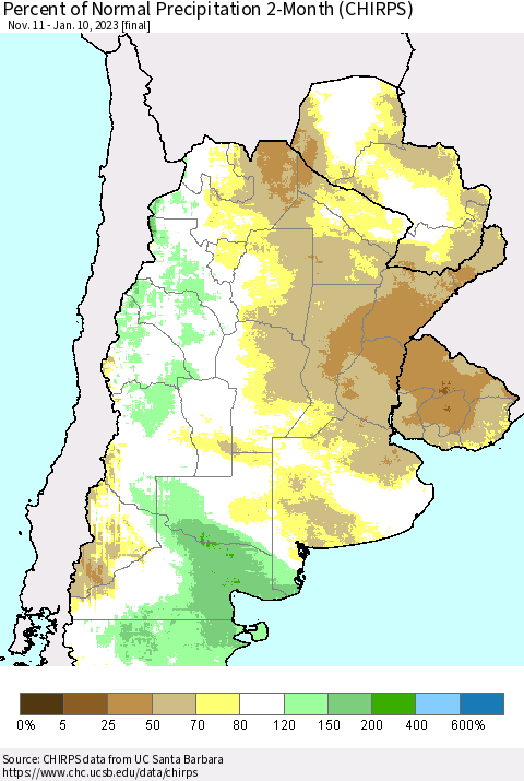 Southern South America Percent of Normal Precipitation 2-Month (CHIRPS) Thematic Map For 11/11/2022 - 1/10/2023