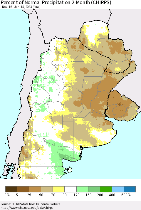 Southern South America Percent of Normal Precipitation 2-Month (CHIRPS) Thematic Map For 11/16/2022 - 1/15/2023