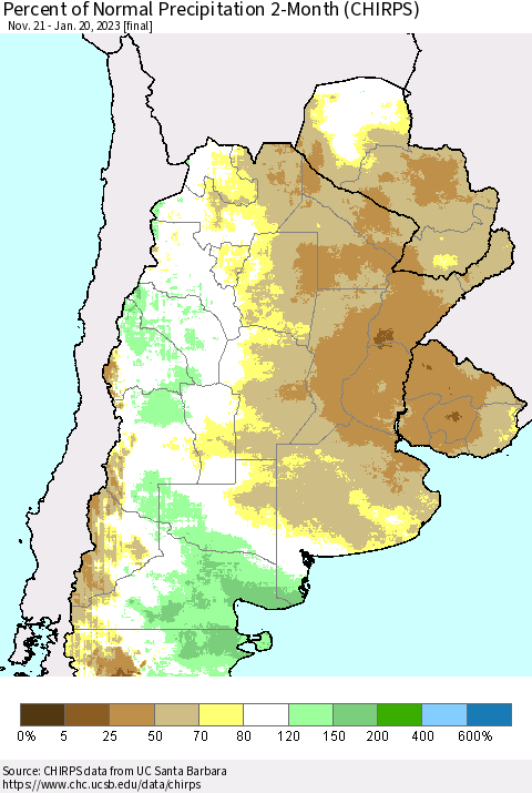 Southern South America Percent of Normal Precipitation 2-Month (CHIRPS) Thematic Map For 11/21/2022 - 1/20/2023