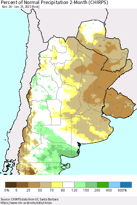 Southern South America Percent of Normal Precipitation 2-Month (CHIRPS) Thematic Map For 11/26/2022 - 1/25/2023