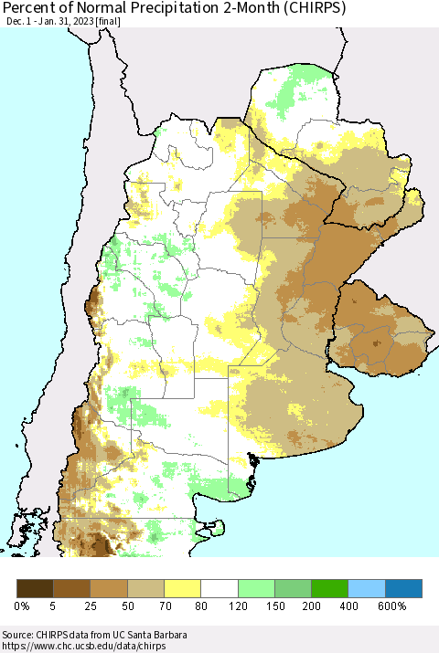 Southern South America Percent of Normal Precipitation 2-Month (CHIRPS) Thematic Map For 12/1/2022 - 1/31/2023