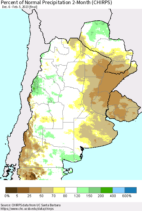 Southern South America Percent of Normal Precipitation 2-Month (CHIRPS) Thematic Map For 12/6/2022 - 2/5/2023
