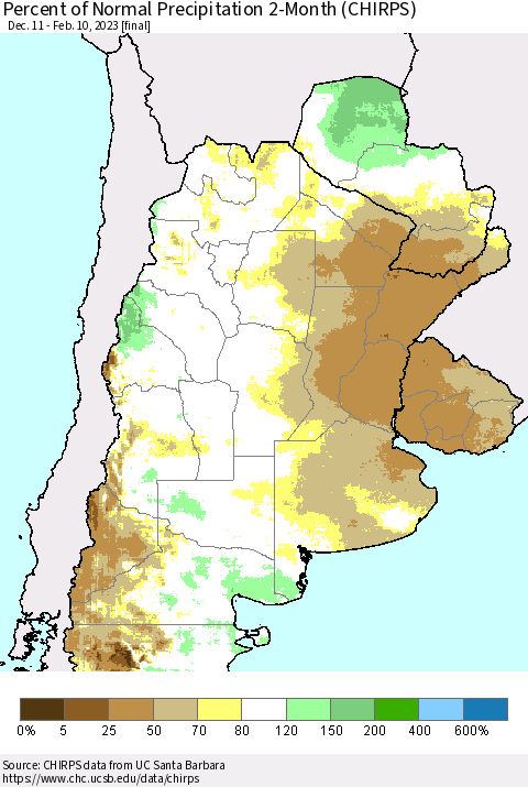 Southern South America Percent of Normal Precipitation 2-Month (CHIRPS) Thematic Map For 12/11/2022 - 2/10/2023