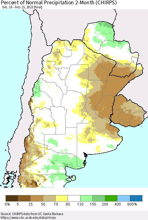 Southern South America Percent of Normal Precipitation 2-Month (CHIRPS) Thematic Map For 12/16/2022 - 2/15/2023