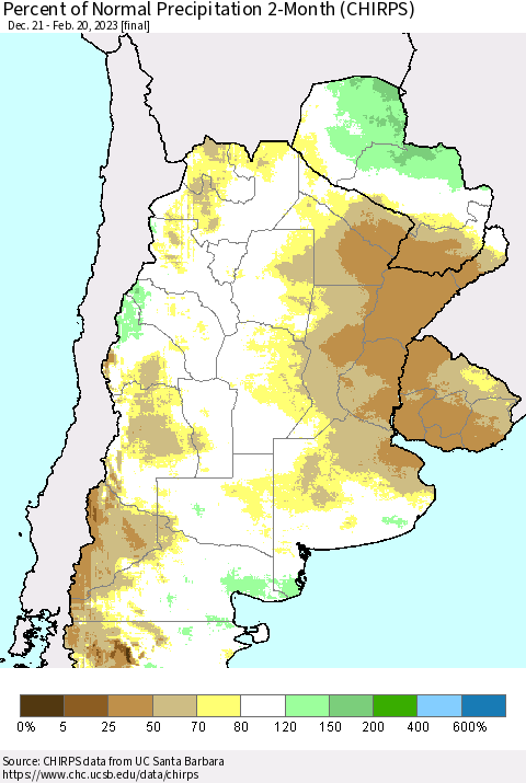 Southern South America Percent of Normal Precipitation 2-Month (CHIRPS) Thematic Map For 12/21/2022 - 2/20/2023
