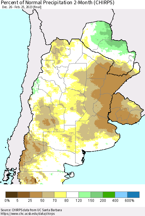 Southern South America Percent of Normal Precipitation 2-Month (CHIRPS) Thematic Map For 12/26/2022 - 2/25/2023