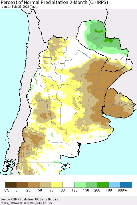 Southern South America Percent of Normal Precipitation 2-Month (CHIRPS) Thematic Map For 1/1/2023 - 2/28/2023