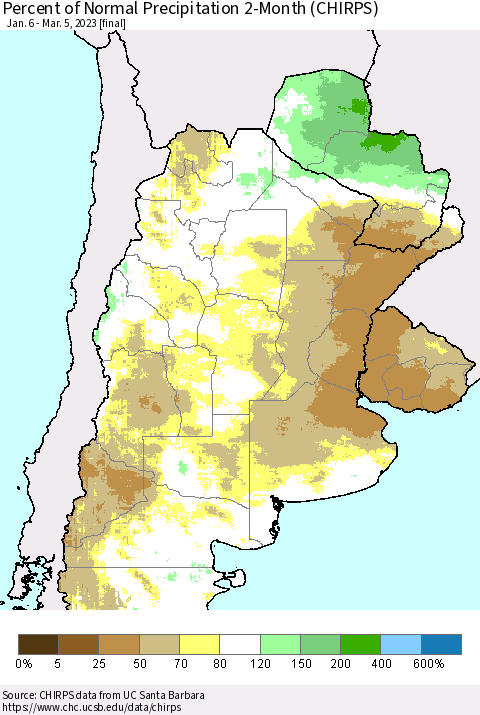 Southern South America Percent of Normal Precipitation 2-Month (CHIRPS) Thematic Map For 1/6/2023 - 3/5/2023