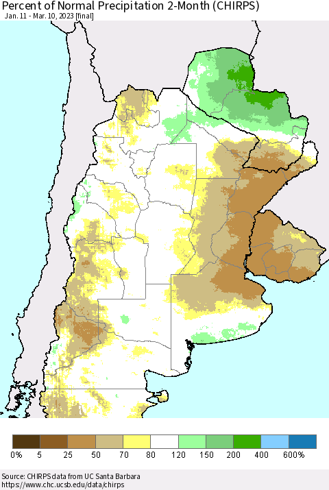 Southern South America Percent of Normal Precipitation 2-Month (CHIRPS) Thematic Map For 1/11/2023 - 3/10/2023