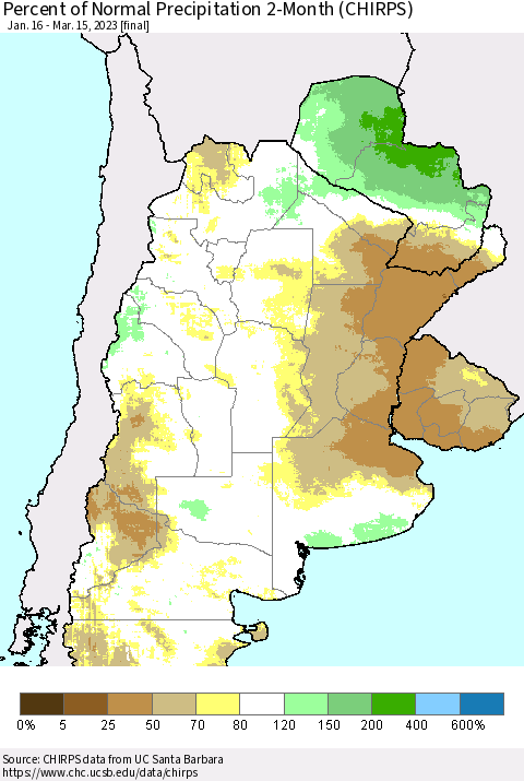 Southern South America Percent of Normal Precipitation 2-Month (CHIRPS) Thematic Map For 1/16/2023 - 3/15/2023
