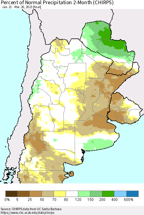 Southern South America Percent of Normal Precipitation 2-Month (CHIRPS) Thematic Map For 1/21/2023 - 3/20/2023