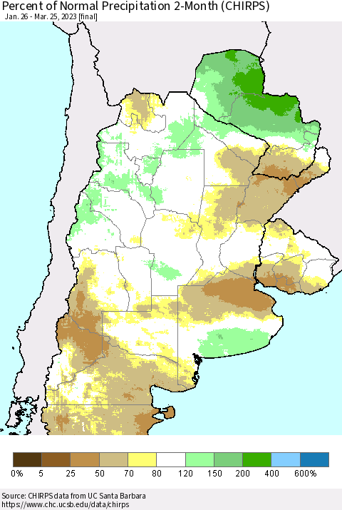 Southern South America Percent of Normal Precipitation 2-Month (CHIRPS) Thematic Map For 1/26/2023 - 3/25/2023